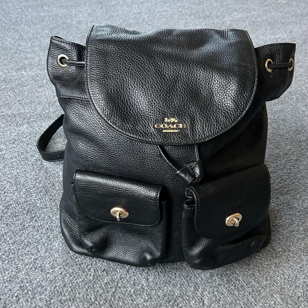 Coach Backpack‎ Billie Billy Black Pebbled Leather Gold Mini Drawstring Classic